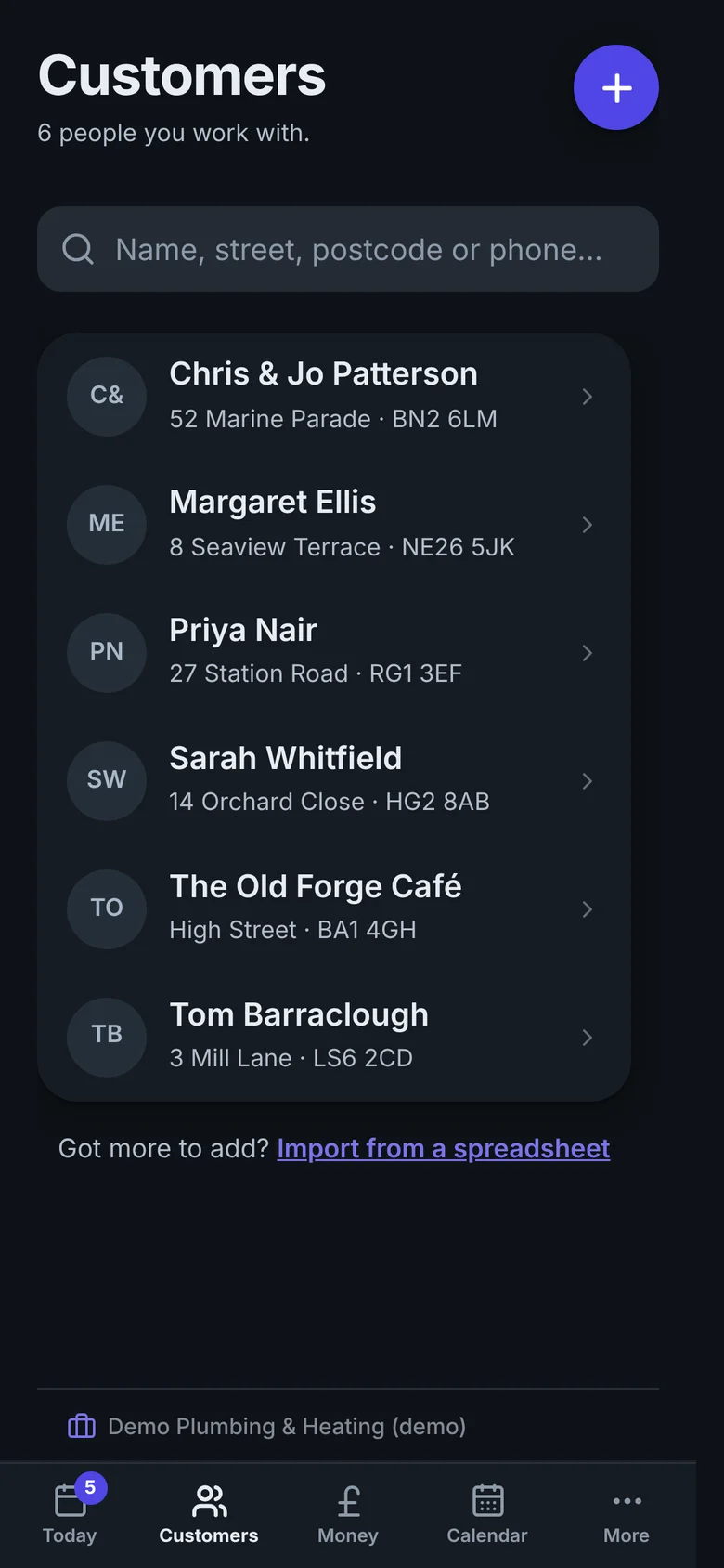 The Customers screen in Vixir with names and addresses