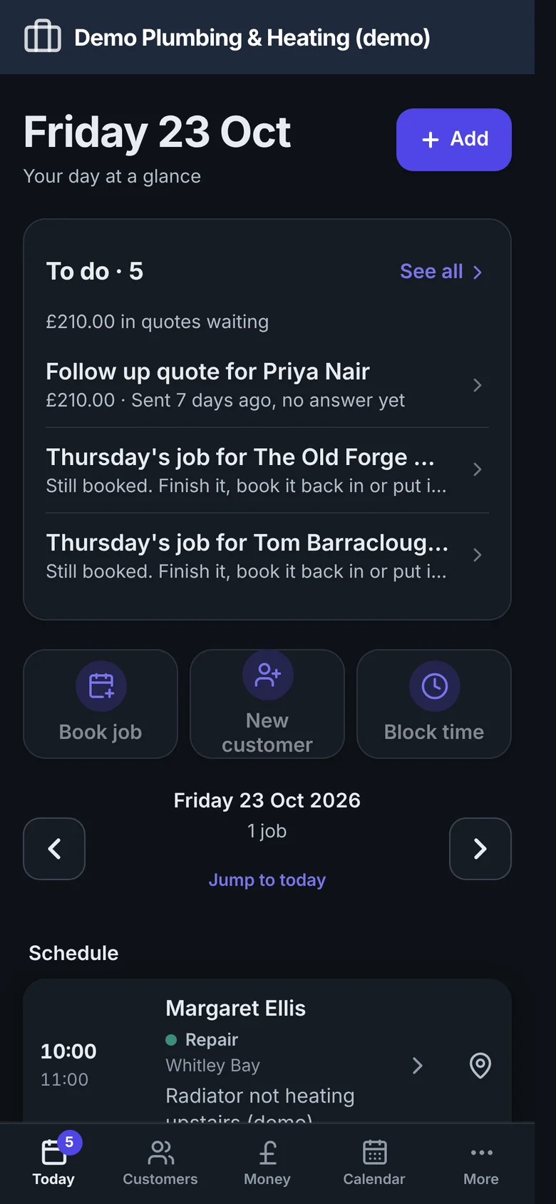 Vixir's Today screen showing the day's jobs and To do list