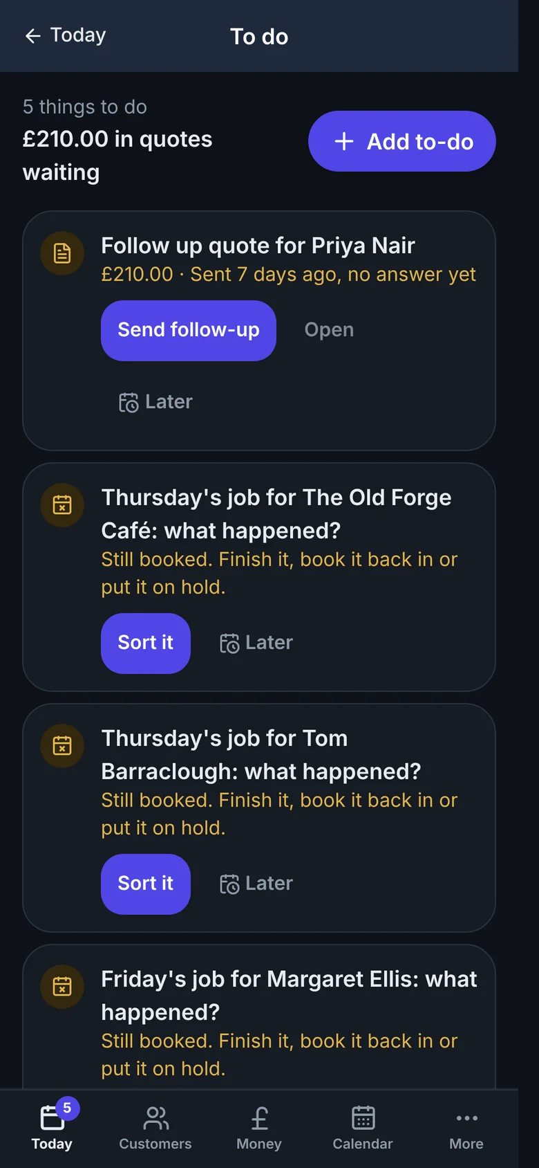 The To do screen in Vixir listing jobs and money to chase